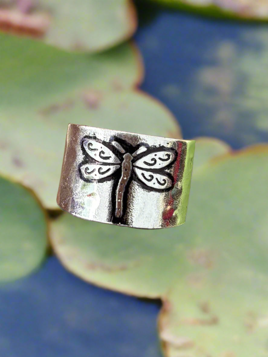 Silver Plated Adjustable Cuff Ring - Dragonfly