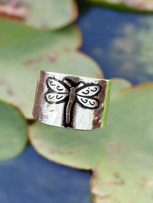 Silver Plated Adjustable Cuff Ring - Dragonfly